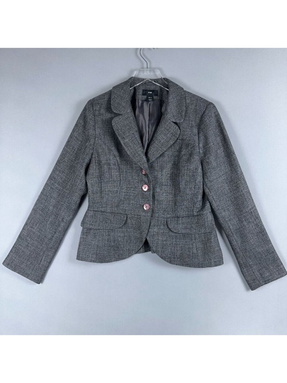 H&M Blazer Jacket Size 12 Gray Lined Pink Button Front Flap pockets Notch Lapel